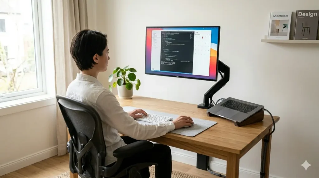 person with monitor arm